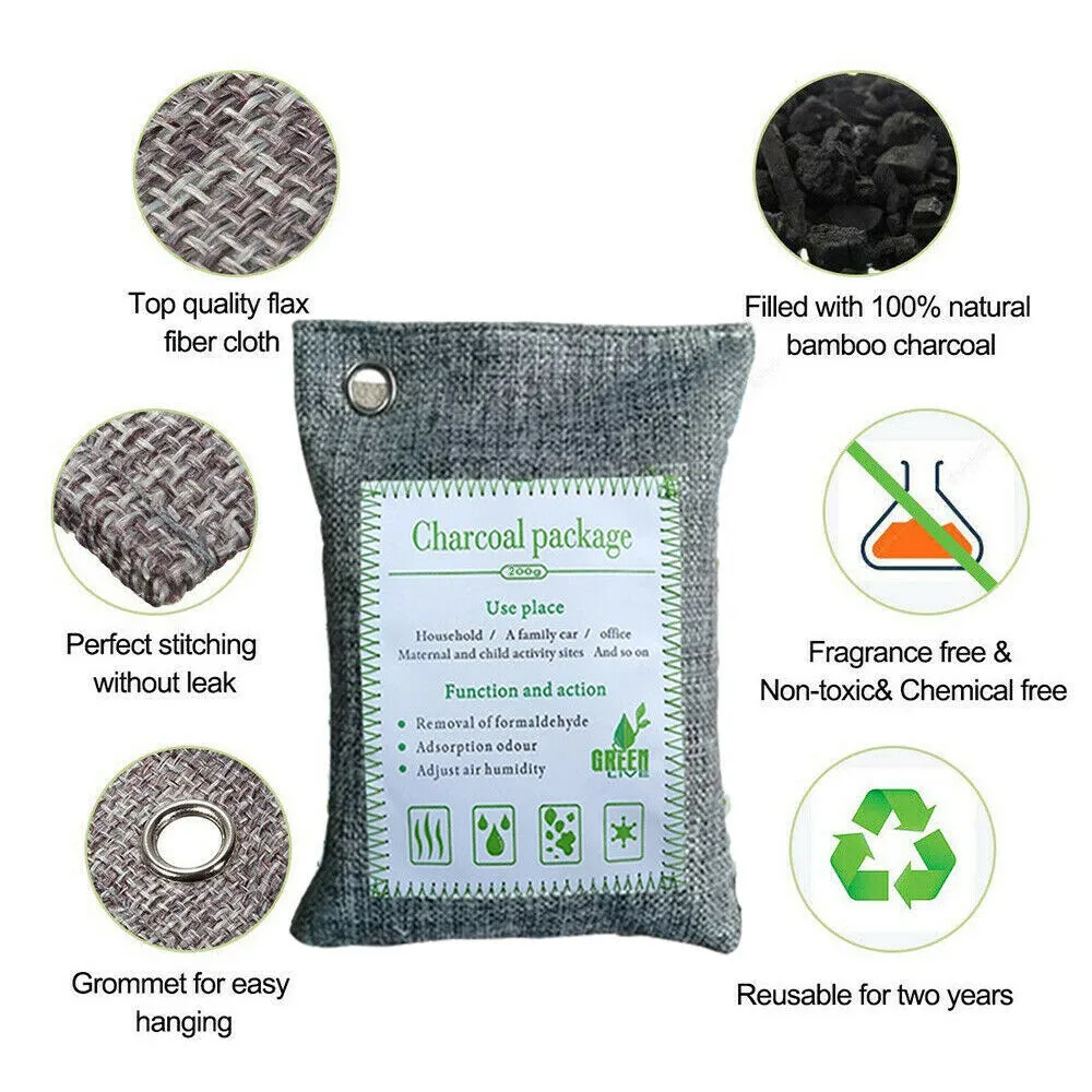 5PCS Air Purifying Bags Activated Bamboo Charcoal Freshener for Car, Home & Shoes 200g