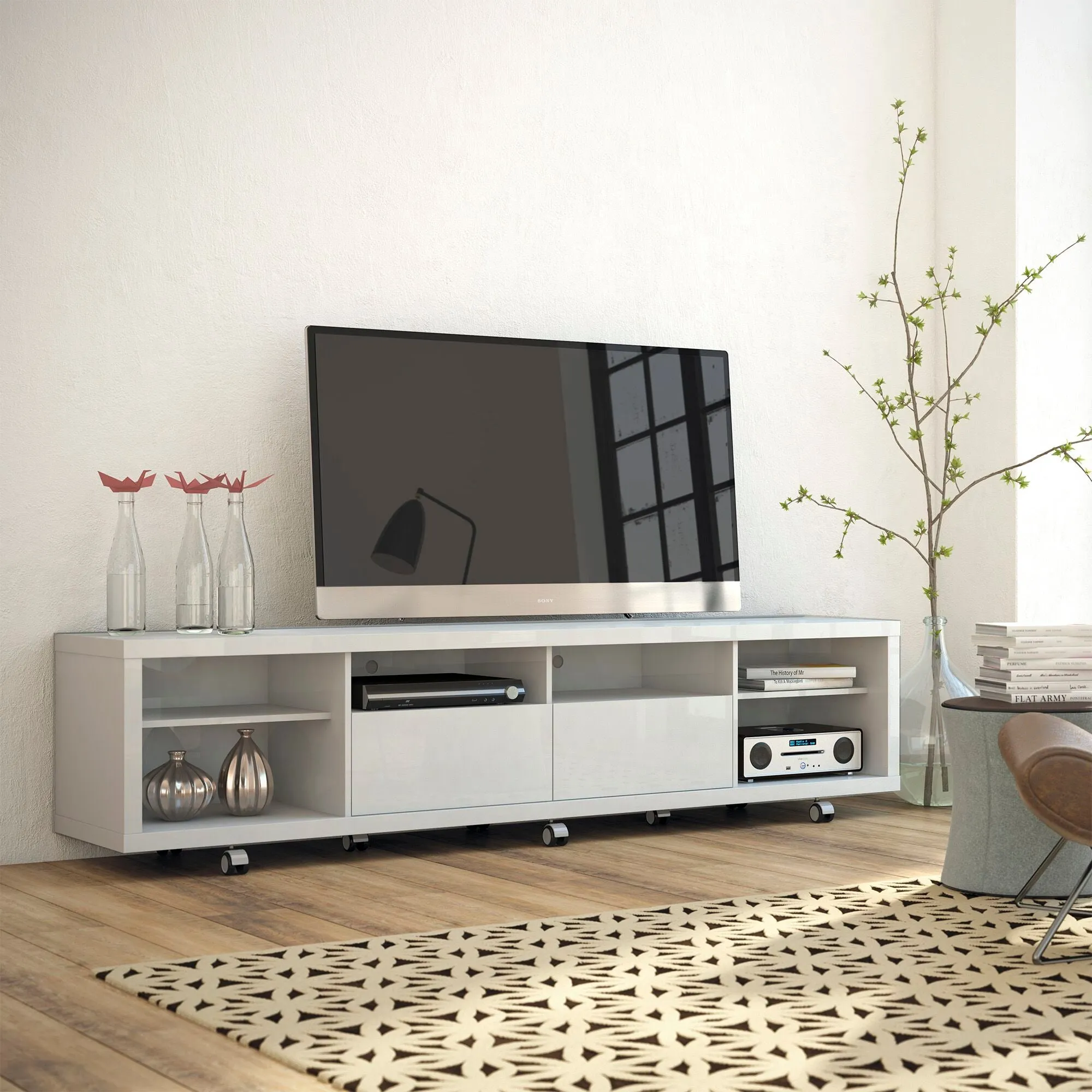 Cabrini TV Stand and Floating Wall TV Panel with LED Lights 2.2 in White Gloss