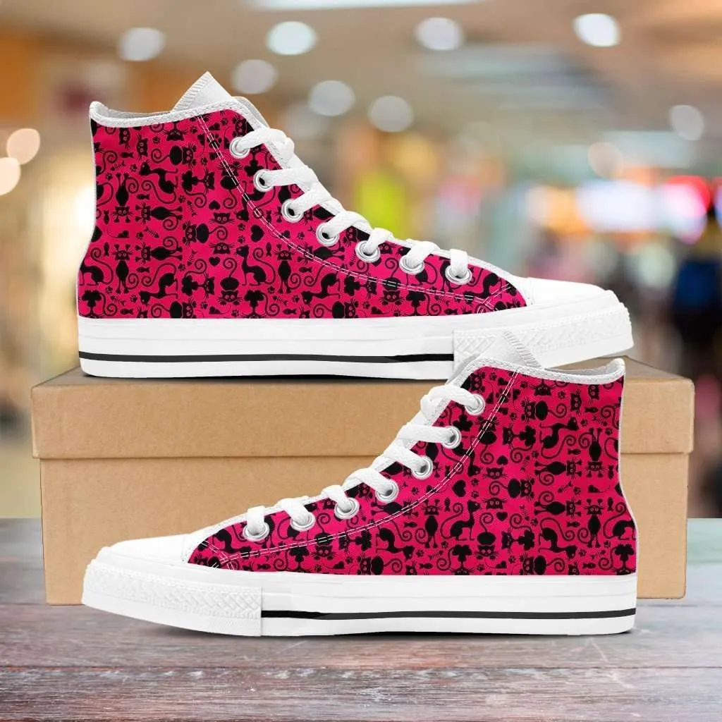 Cats in Pink Collage Canvas High Top Shoes Pink/White