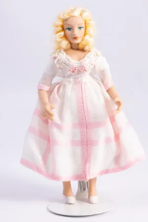 Dollhouse Miniature ~ Female Modern Doll in Pink & White Dress