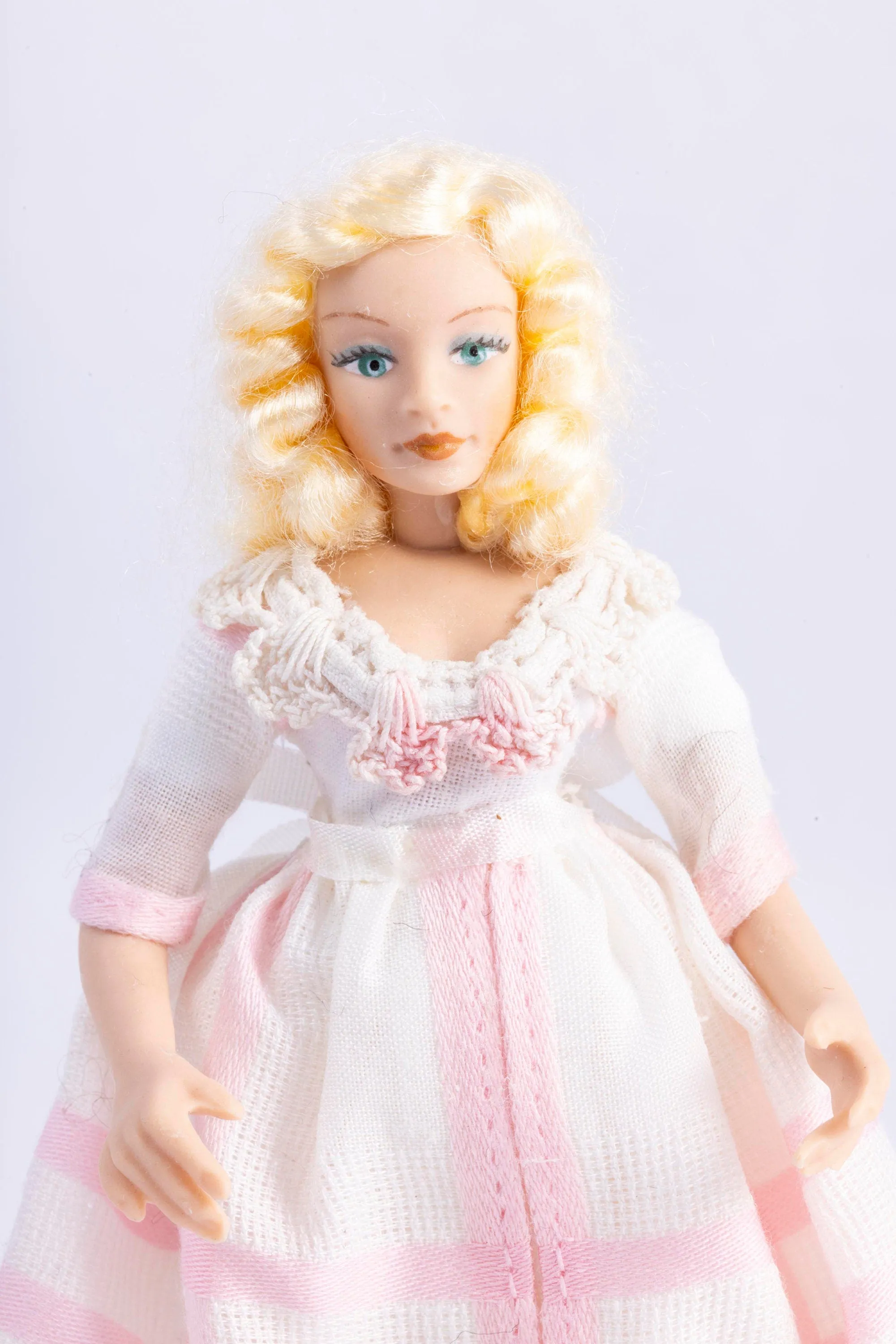 Dollhouse Miniature ~ Female Modern Doll in Pink & White Dress