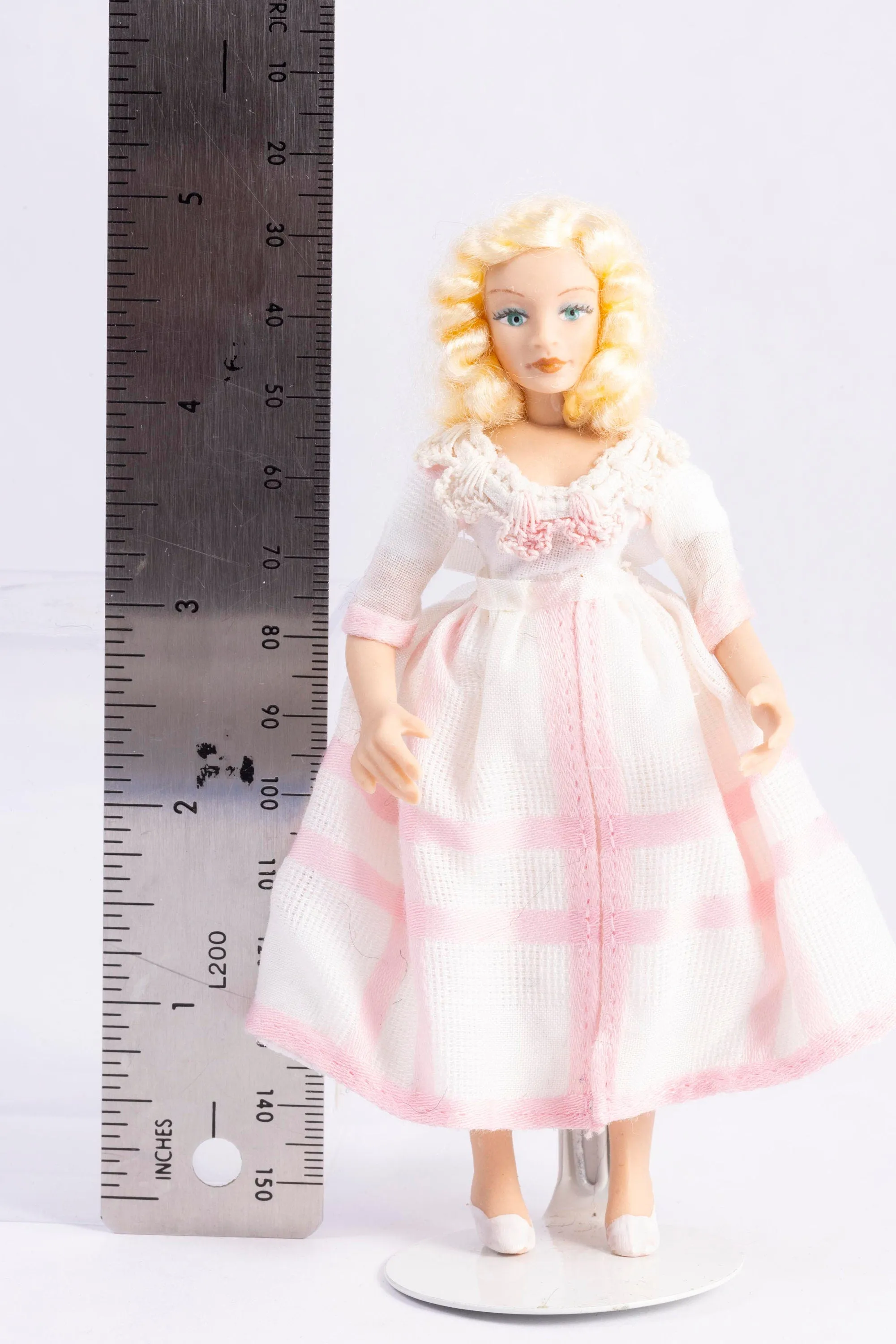 Dollhouse Miniature ~ Female Modern Doll in Pink & White Dress