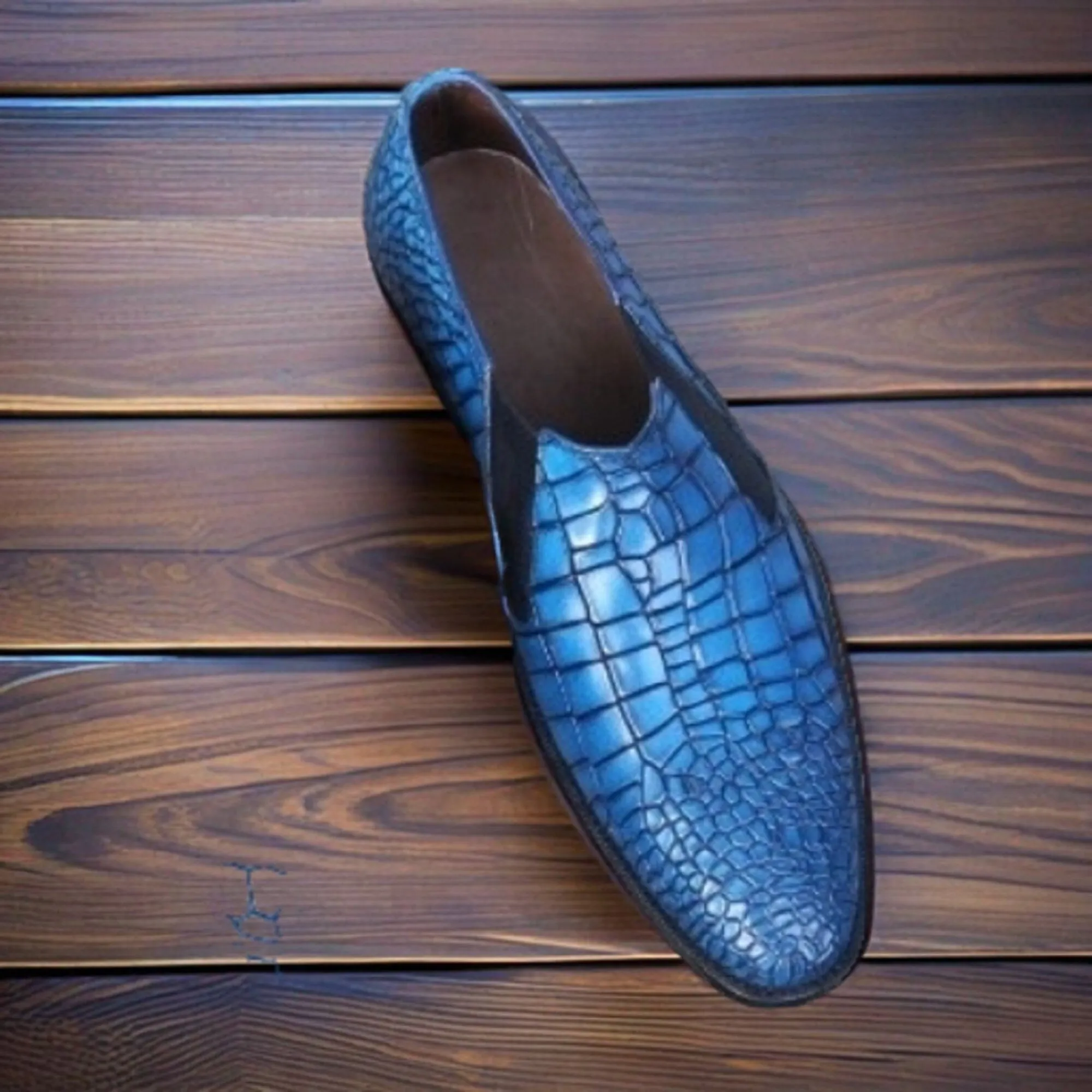 Handmade Elegance: Men's Alligator Oxford Shoes in Blue Patina Crocodile Textured Leather - Chelsea Dress Shoes for Distinguished Style