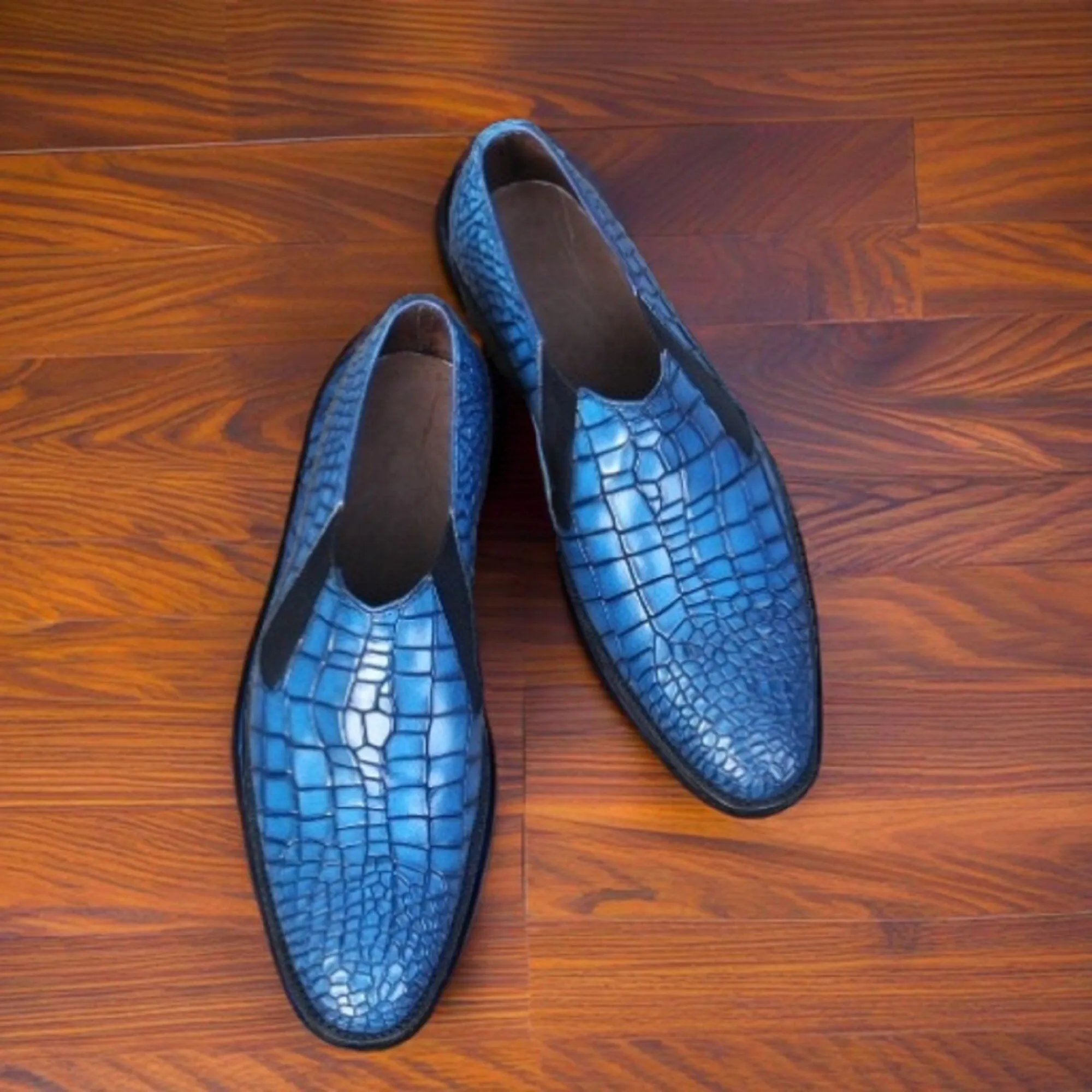 Handmade Elegance: Men's Alligator Oxford Shoes in Blue Patina Crocodile Textured Leather - Chelsea Dress Shoes for Distinguished Style