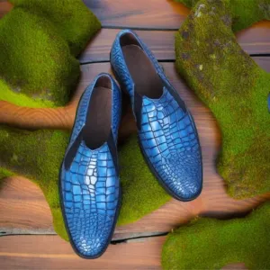 Handmade Elegance: Men's Alligator Oxford Shoes in Blue Patina Crocodile Textured Leather - Chelsea Dress Shoes for Distinguished Style