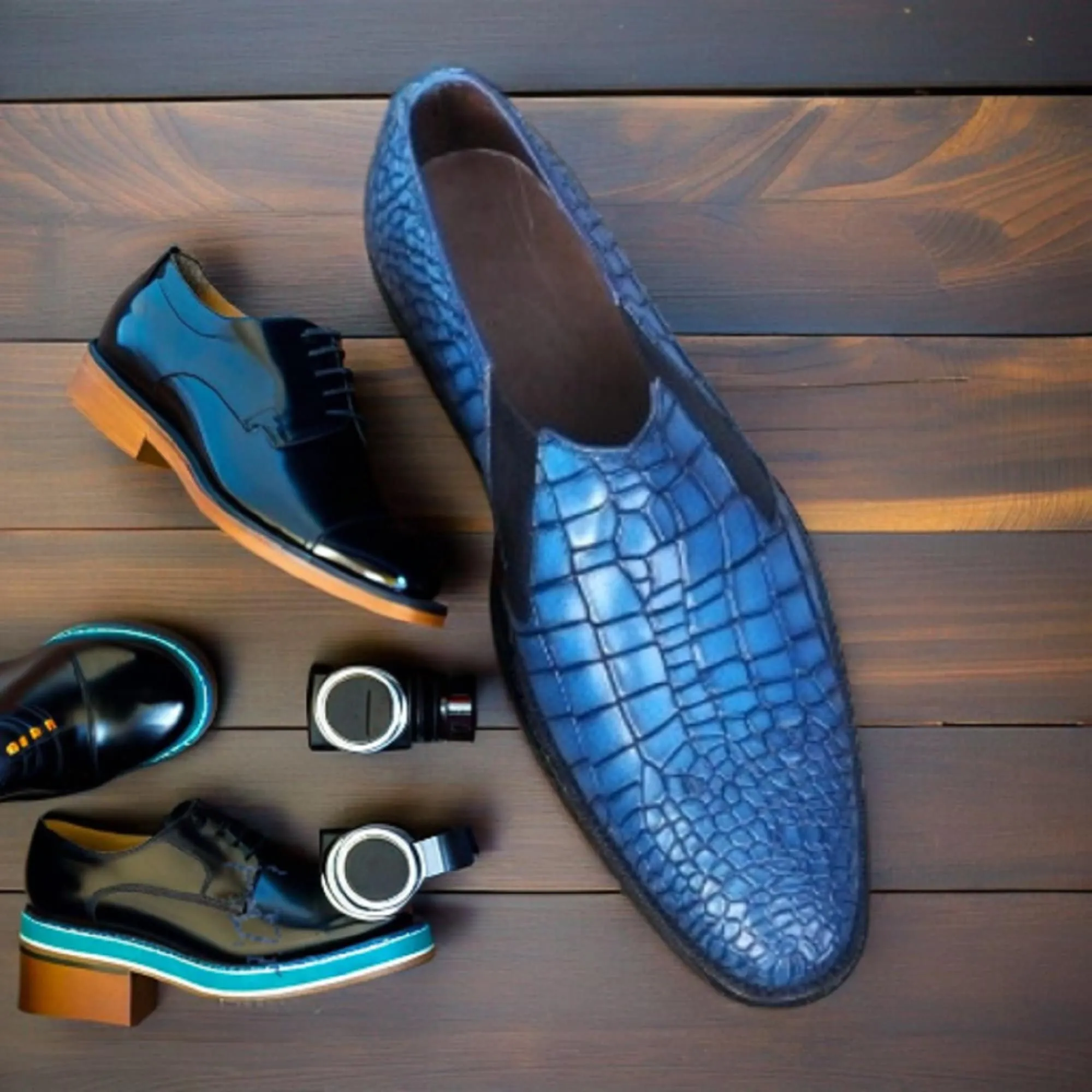 Handmade Elegance: Men's Alligator Oxford Shoes in Blue Patina Crocodile Textured Leather - Chelsea Dress Shoes for Distinguished Style