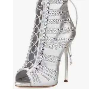 Leather Heel  Rhinestone Summer Sandals