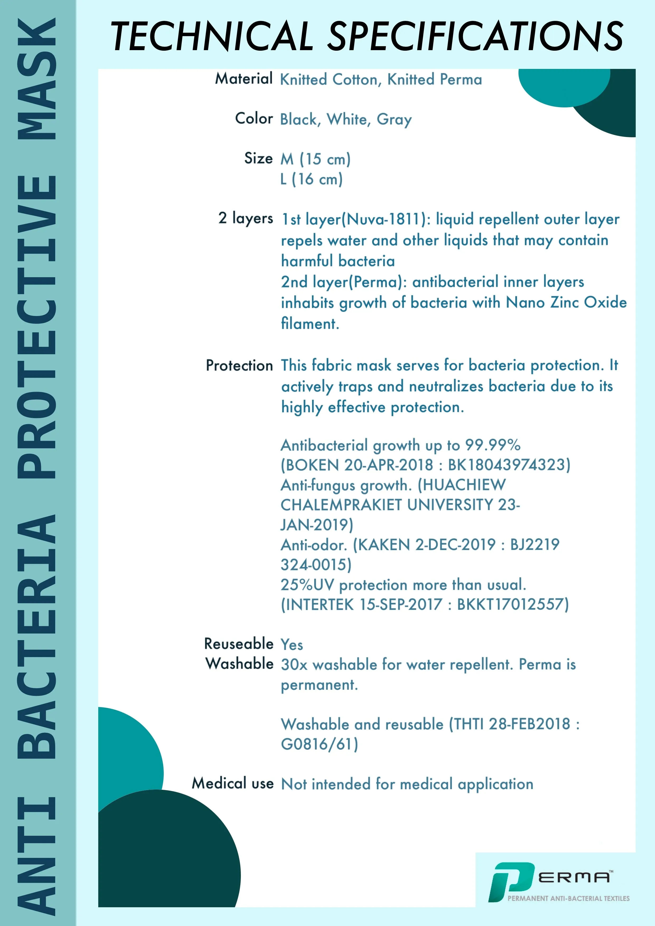 Liquid Repellent Reusable Mask Made with PERMA™ Anti-Bacterial Textile