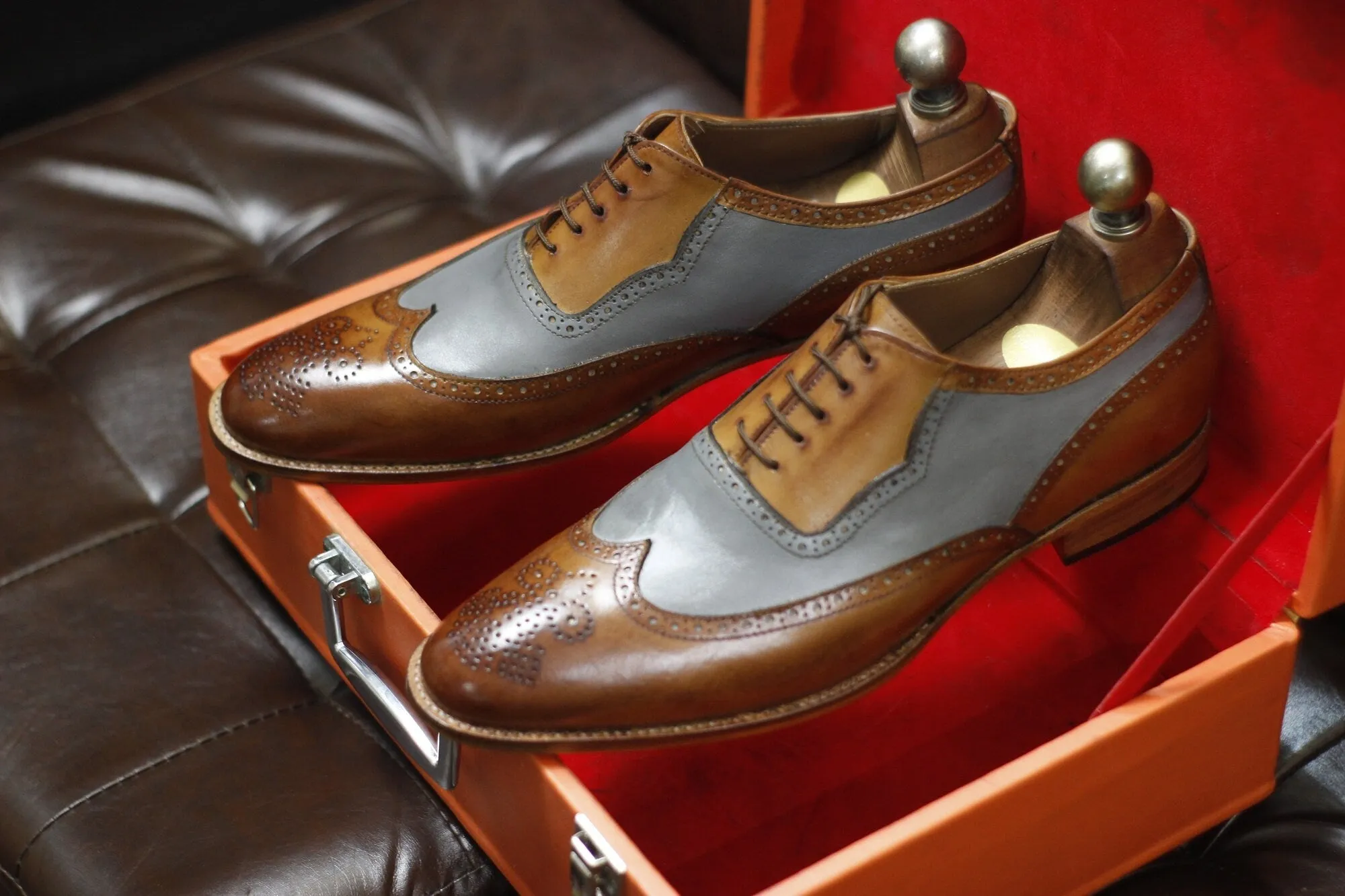 New Men's Handmade Formal Shoes Grey Brown Leather Lace Up Stylish Wing Tip Dress & Formal Wear Shoes