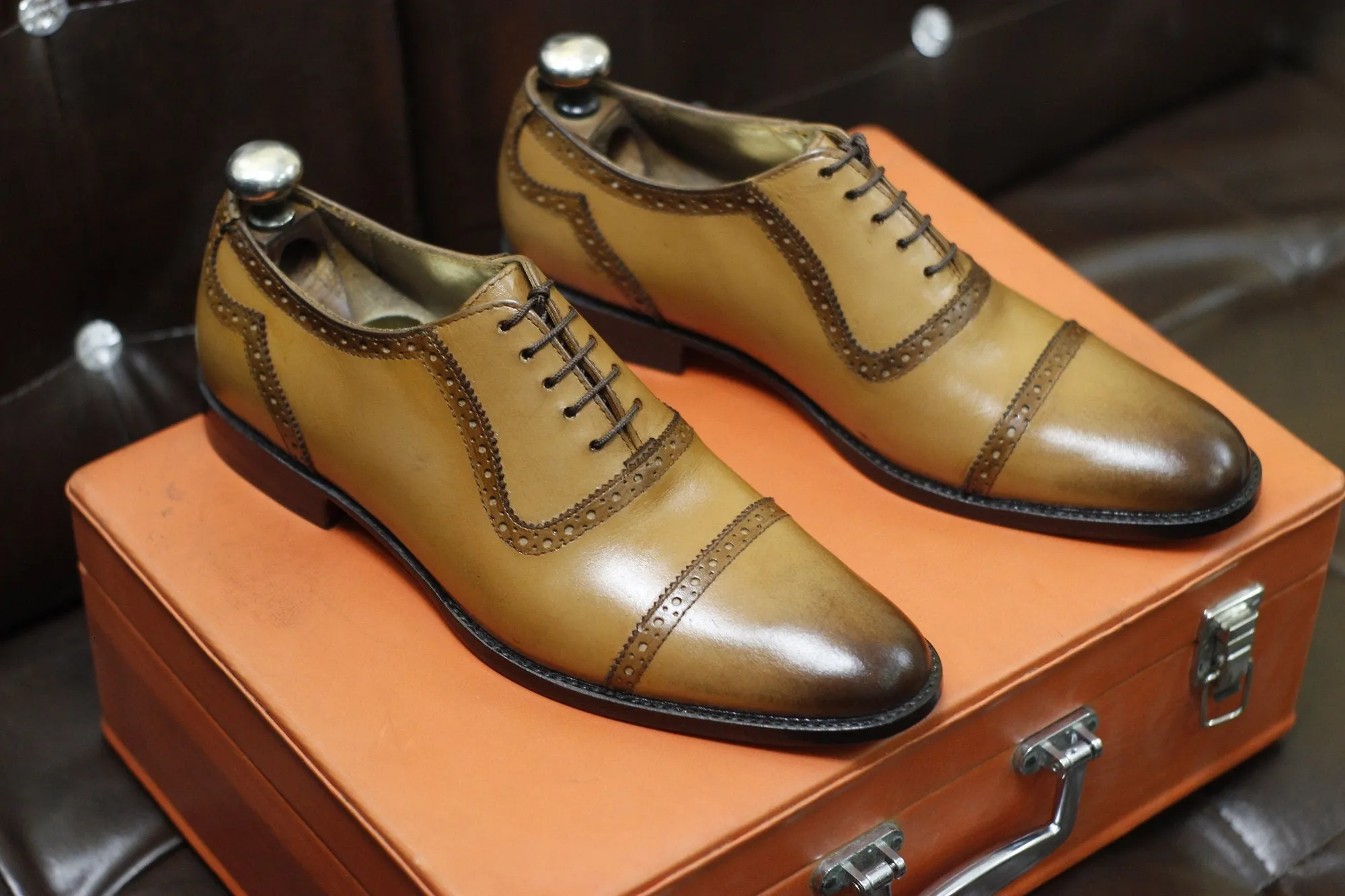 New Men's Handmade Formal Shoes Tan Brown Shaded Leather Lace Up Stylish Cap Toe Dress & Formal Shoes