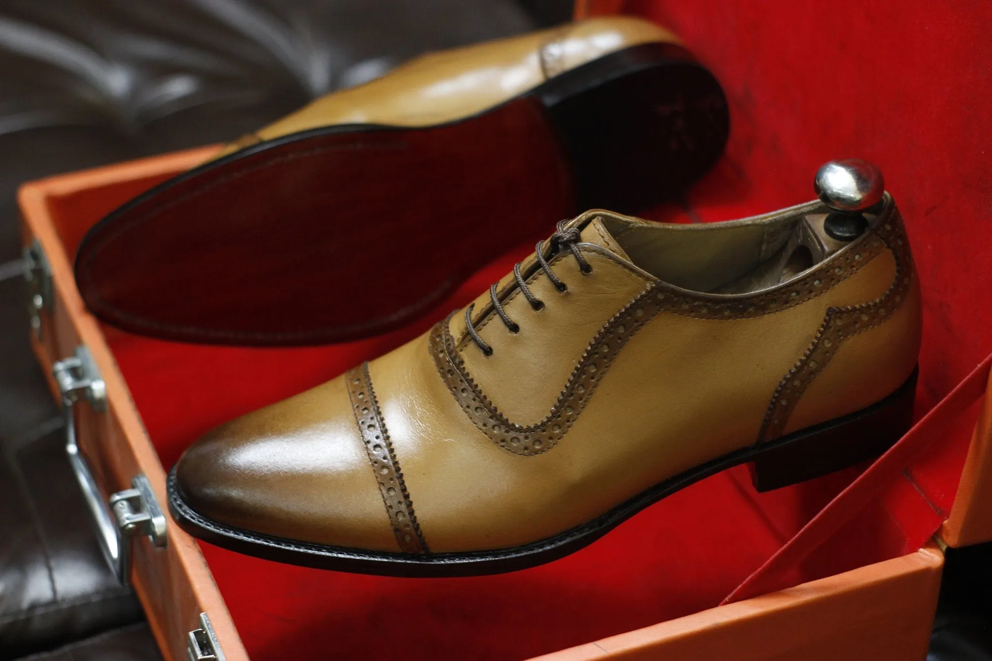 New Men's Handmade Formal Shoes Tan Brown Shaded Leather Lace Up Stylish Cap Toe Dress & Formal Shoes