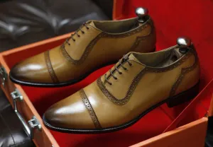 New Men's Handmade Formal Shoes Tan Brown Shaded Leather Lace Up Stylish Cap Toe Dress & Formal Shoes
