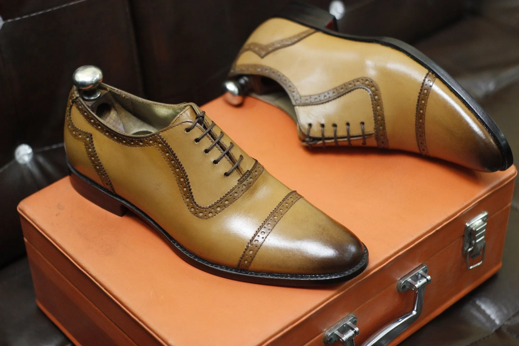 New Men's Handmade Formal Shoes Tan Brown Shaded Leather Lace Up Stylish Cap Toe Dress & Formal Shoes