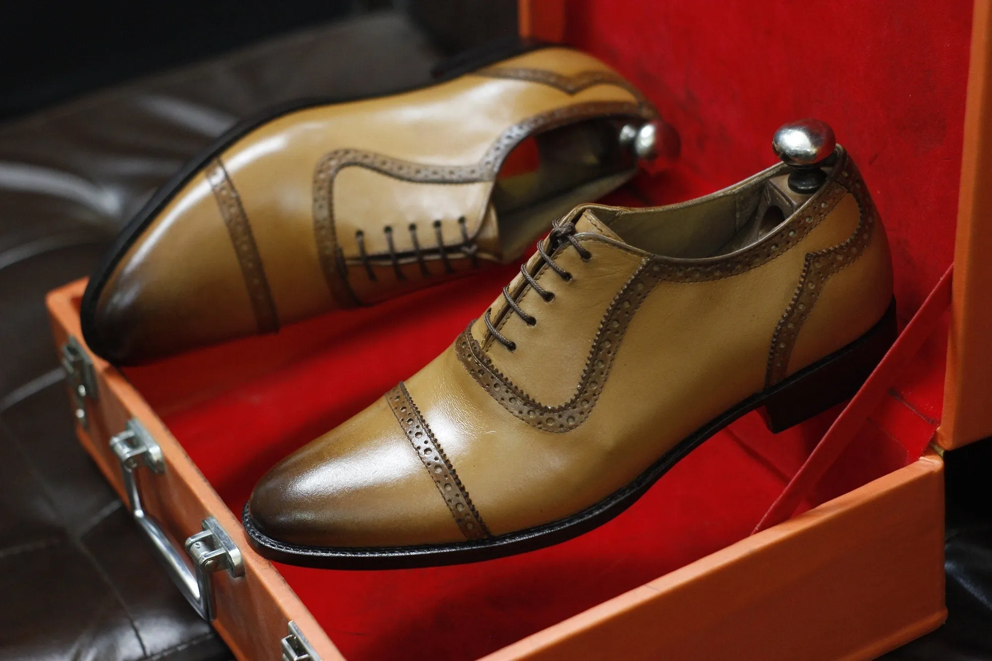 New Men's Handmade Formal Shoes Tan Brown Shaded Leather Lace Up Stylish Cap Toe Dress & Formal Shoes
