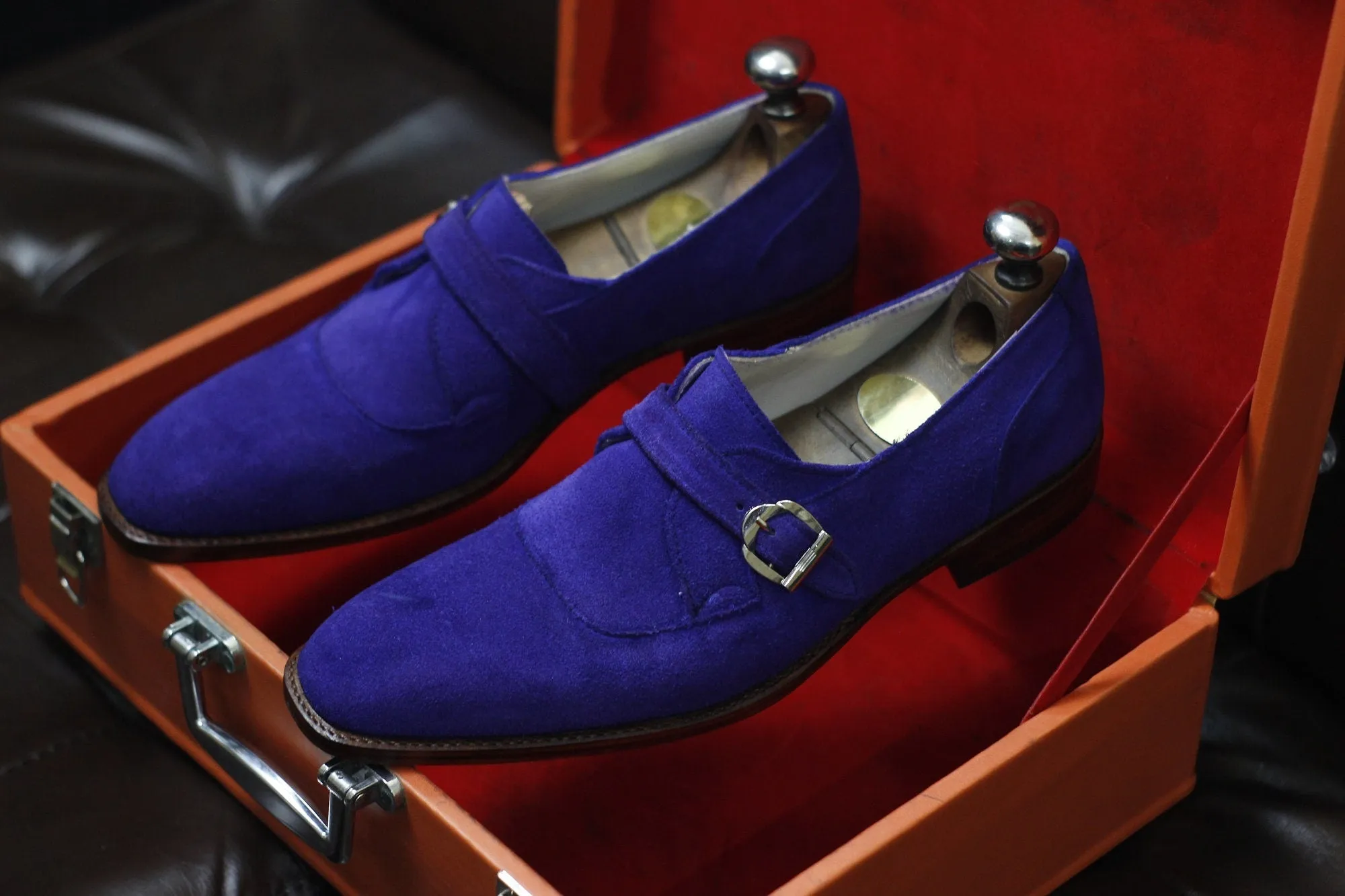 New Men's Handmade Shoes Blue Suede Leather Single Monk Stylish Buckle Strap Dress & Formal Wear Shoes