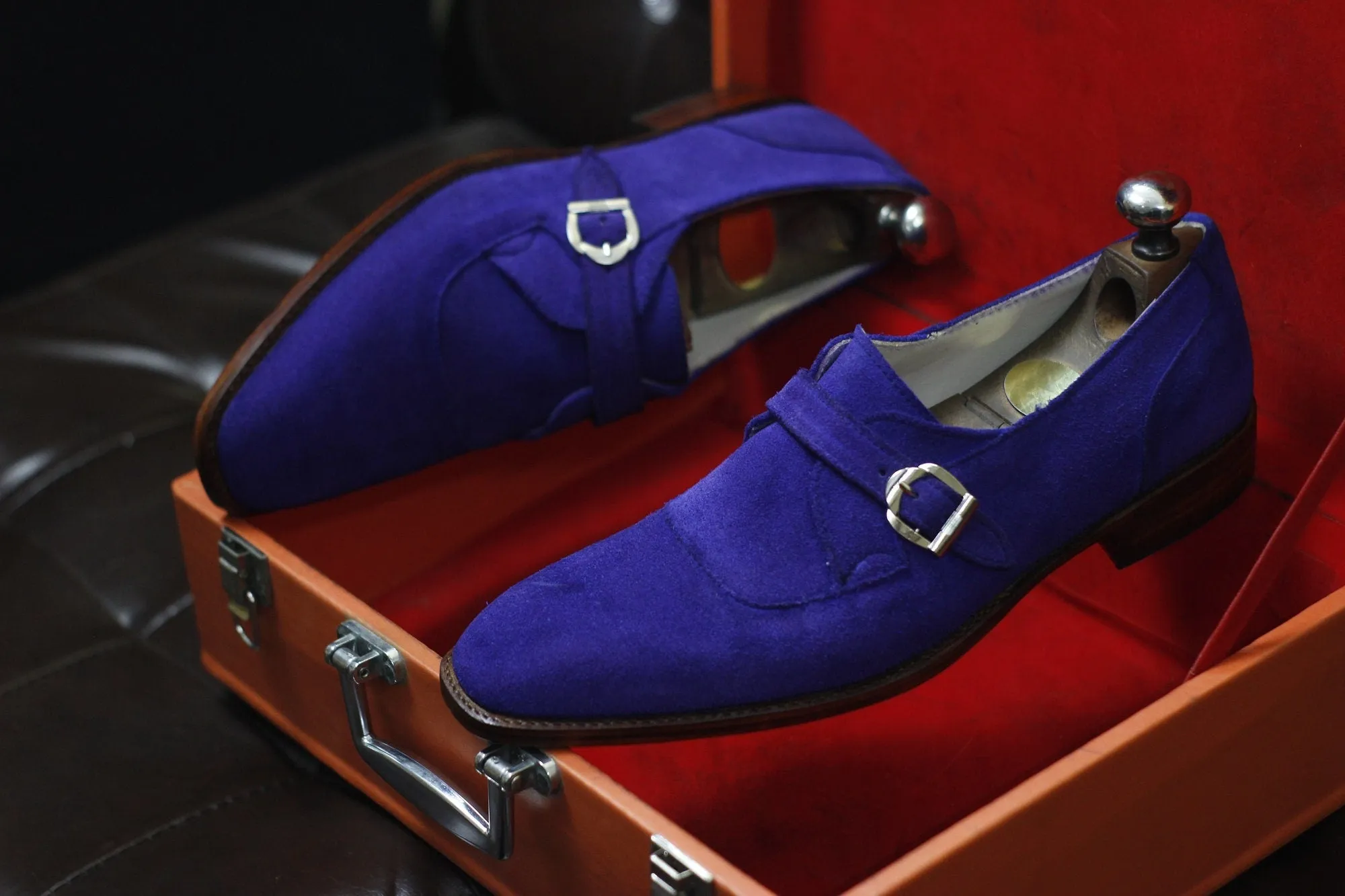 New Men's Handmade Shoes Blue Suede Leather Single Monk Stylish Buckle Strap Dress & Formal Wear Shoes
