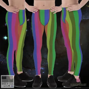 Rainbow Colorful Striped Tights, Best Vertical Stripe Vintage-Style Men's Leggings Meggings- Made in USA/EU