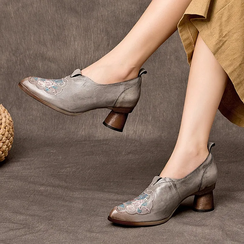 Retro Handmade Leather 60mm Mid Heel Pumps Women Point Toe Shoes In Grey