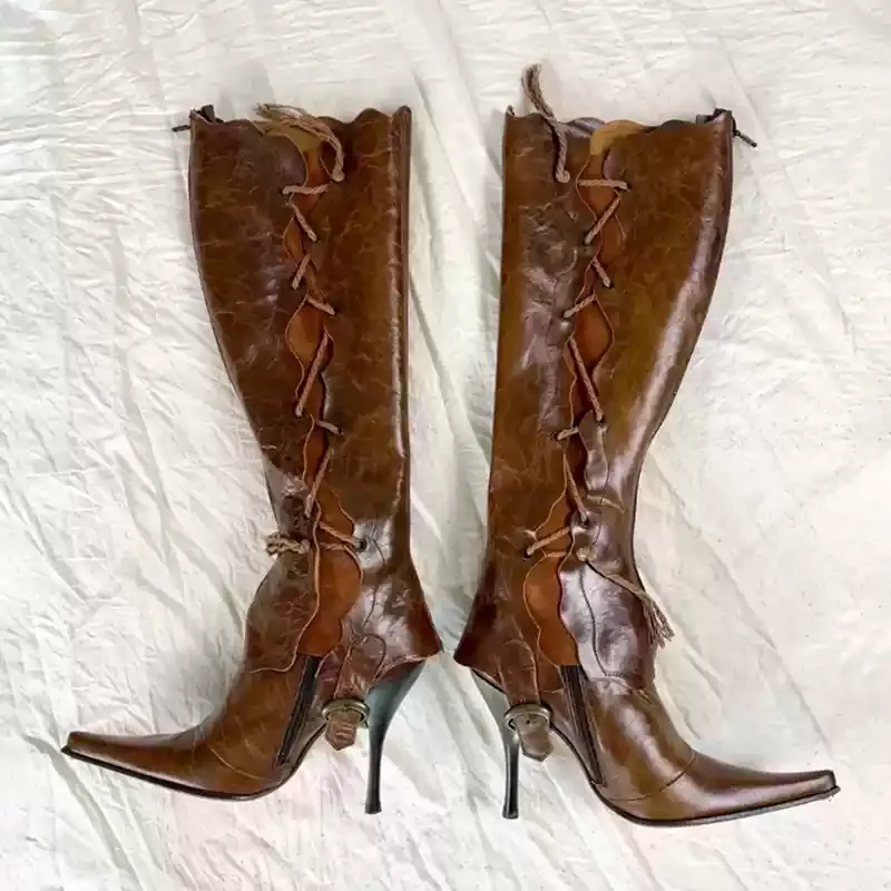 Vintage-Inspired Brown Fashion Boots with Tassels – High Heel Pointed Toe Ankle Boots