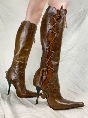 Vintage-Inspired Brown Fashion Boots with Tassels – High Heel Pointed Toe Ankle Boots
